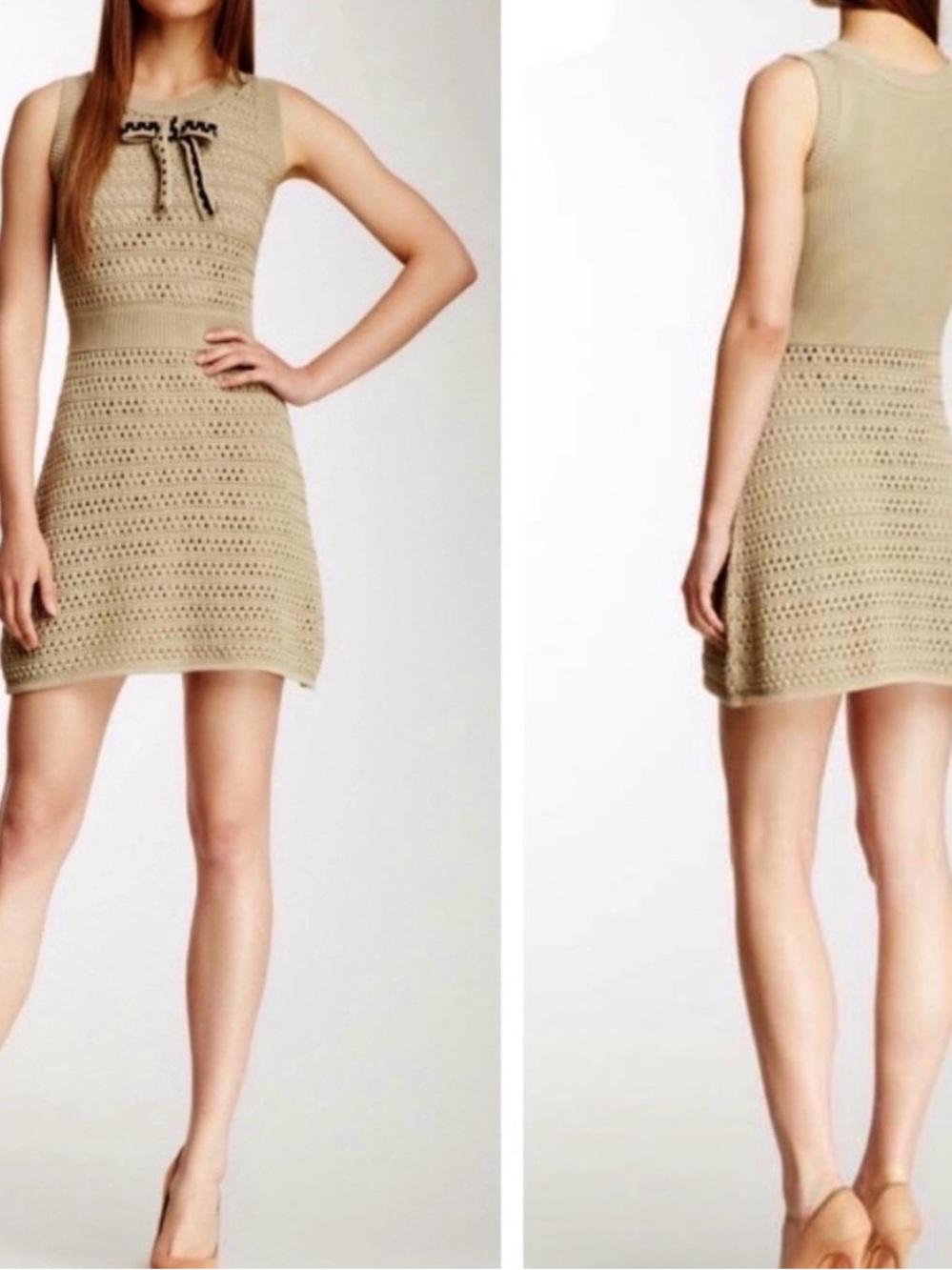 RED Valentino Sleeveless Crochet Mini Dress in Beige with Bow Trim